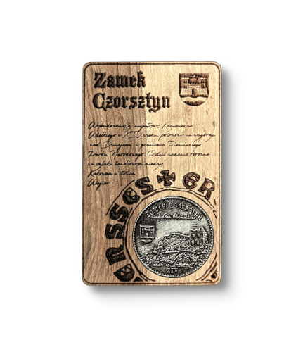 Zamek Czorsztyn Magnes na Lodówkę, Drewniany Magnes Pamiątkowy z Monetą (Orzech Włoski)