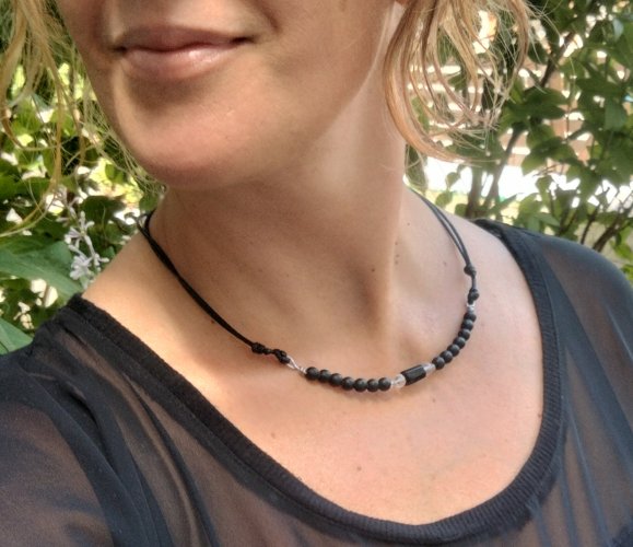 Naszyjnik z czarnym turmalinem, kryształem górskim i onyksem matowym