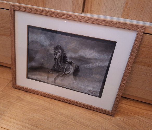 Sprzedam oryginalny, ręcznie rysowany obraz węglem przedstawiający konia maści jabłkowitej