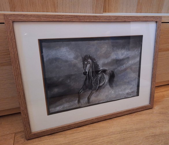 Sprzedam oryginalny, ręcznie rysowany obraz węglem przedstawiający konia maści jabłkowitej