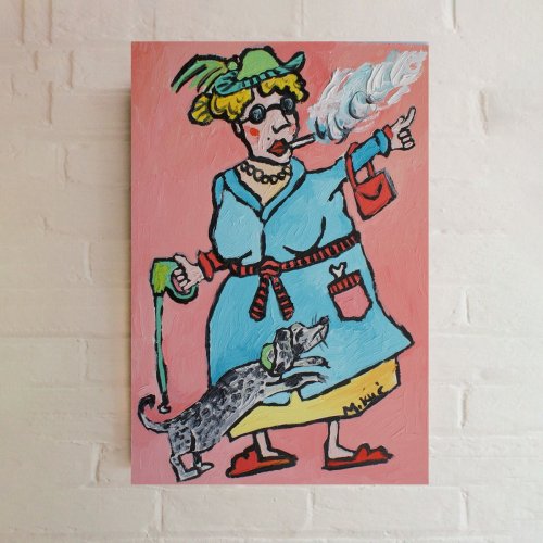 obraz olejny ręcznie malowany do salonu babcia z pieskiem gdzie moje smakołyki?