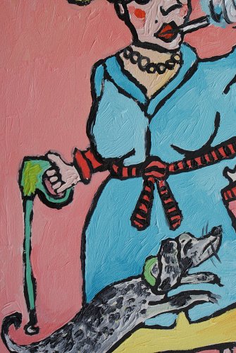 obraz olejny ręcznie malowany do salonu babcia z pieskiem gdzie moje smakołyki?