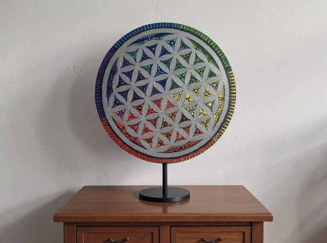 Mandala Tęczowej Harmonii - Kwiat życia ręcznie malowana 30cm certyfikat