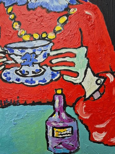 obraz olejny ręcznie malowany popołudniowa herbatka z kotem