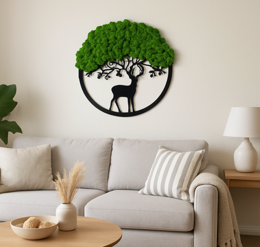 Jeleń z mchem chrobotkiem dekoracja ażurowa żywy obraz 60 cm