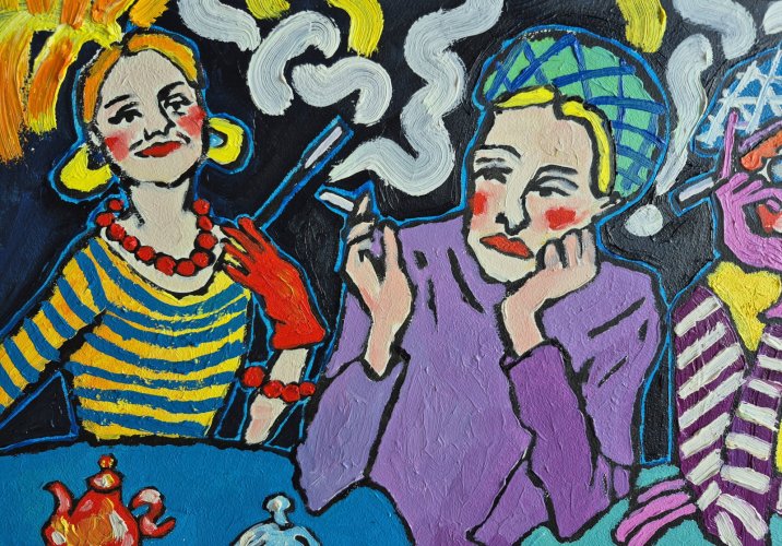 obraz olejny ręcznie malowany trzy divy plotkują