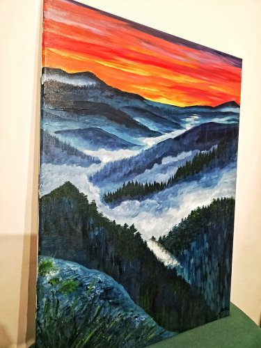 Obraz akrylowy „Zachód słońca nad Gorcami” – ręcznie malowany, duży obraz na ścianę 55×75 cm