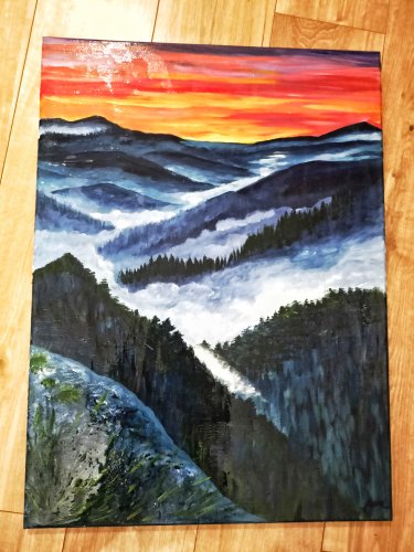 Obraz akrylowy „Zachód słońca nad Gorcami” – ręcznie malowany, duży obraz na ścianę 55×75 cm