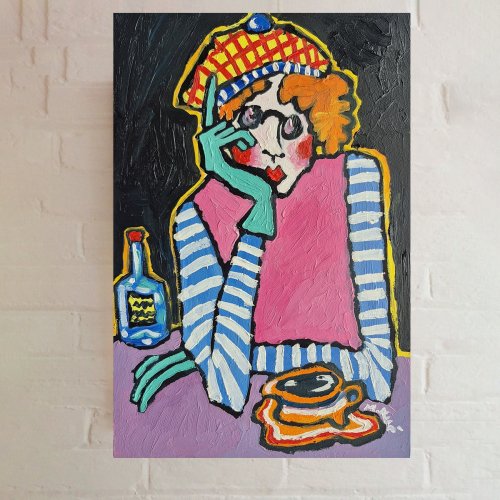 obraz olejny ręcznie malowany babcia kawa i cisza