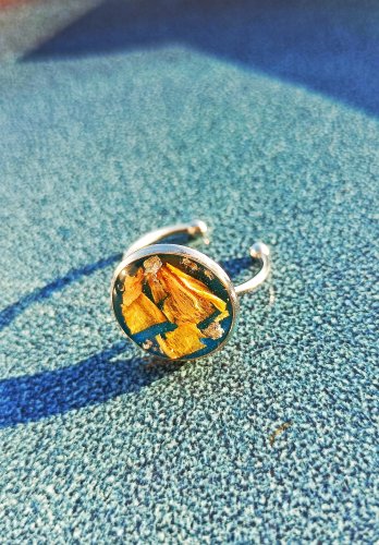 Regulowany pierścionek handmade z prawdziwym słonecznikiem | Stal nierdzewna | Żywica Resin Pro | Biżuteria z kwiatami