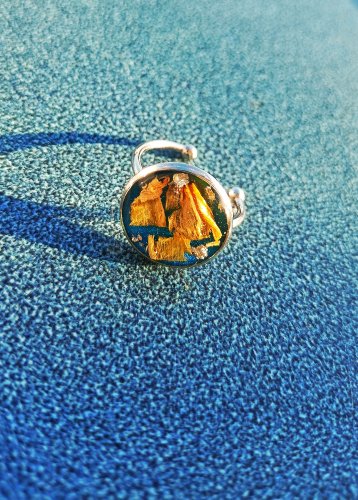 Regulowany pierścionek handmade z prawdziwym słonecznikiem | Stal nierdzewna | Żywica Resin Pro | Biżuteria z kwiatami