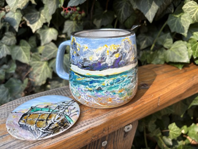 Porcelanowy kubek z zaparzaczem ręcznie malowany Nad Bałtykiem
